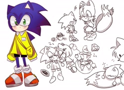 Size: 2054x1500 | Tagged: safe, artist:tamjeong_sonic, amy rose, knuckles the echidna, miles "tails" prower, robotnik, sonic the hedgehog, aged down, bag, chaos emerald, child, group, kindergarten uniform, lying down, school uniform, shirt, shorts, sleeping