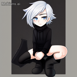 Size: 512x512 | Tagged: safe, ai art, artist:mobians.ai, infinite the jackal, human, asymmetrical footwear, blue eyes, boots, humanized, male, shorts, single boot, single thigh boot, solo, sweater, white hair