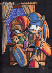 Size: 611x842 | Tagged: safe, artist:renaedeliz, sally acorn, sonic the hedgehog, chipmunk, hedgehog, boots, duo, sally x sonic, shipping, shoes, socks, straight, sweater