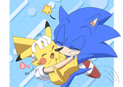 Size: 3508x2480 | Tagged: safe, artist:giatensi_11194, sonic the hedgehog, crossover, duo, eyes closed, grin, heart, holding them, japanese text, pikachu, pokemon, smile, star (symbol)