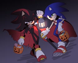 Size: 1652x1336 | Tagged: safe, artist:smileandmiso, shadow the hedgehog, sonic the hedgehog, candy, cape, duo, food, grin, halloween, halloween outfit, lantern, smile