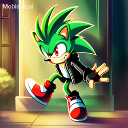 Size: 512x512 | Tagged: safe, ai art, artist:mobians.ai, hedgehog, blue eyes, fingerless gloves, green fur, jacket, male, manic the hedgehog, shirt, shoes, socks, solo