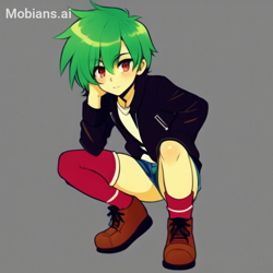 Size: 512x512 | Tagged: safe, ai art, artist:mobians.ai, manik the hedgehog, human, asymmetrical legwear, green hair, humanized, jacket, male, red eyes, shirt, shoes, shorts, single sock, single thighhigh, solo