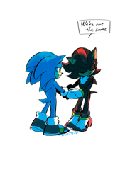 Size: 757x1075 | Tagged: safe, artist:mori3322, shadow the hedgehog, sonic the hedgehog, duo, english text, gay, holding hands, shadow x sonic, shipping, simple background, speech bubble, standing, white background