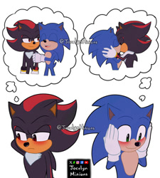 Size: 848x942 | Tagged: safe, artist:jocelynminions, shadow the hedgehog, sonic the hedgehog, sonic the hedgehog 3 (film), blushing, duo, gay, kiss, meme, shadow x sonic, shipping, simple background, smile, thought bubble, white background