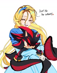 Size: 1414x1821 | Tagged: safe, artist:uopoh0102, maria robotnik, shadow the hedgehog, human, sonic x shadow generations, doom shadow, duo, english text, hugging, simple background, white background