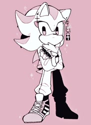 Size: 748x1024 | Tagged: safe, artist:uopoh0102, shadow the hedgehog, 2020, alternate outfit, arms folded, full body, jacket, monochrome, pants, pink background, simple background, solo, standing