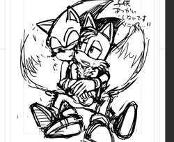 Size: 1069x869 | Tagged: safe, artist:9noca, miles "tails" prower, sonic the hedgehog, 2024, dialogue, duo, eyes closed, gay, hugging, hugging from behind, japanese text, lidded eyes, monochrome, mouth open, pout, shipping, simple background, sitting, sketch, sonic x tails, sweatdrop, white background