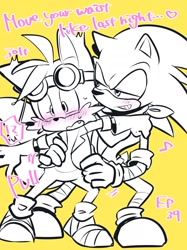 Size: 1200x1606 | Tagged: suggestive, artist:hentaib2319, miles "tails" prower, sonic the hedgehog, 2020, blushing, dialogue, duo, english text, gay, holding them, jacket, japanese text, lidded eyes, musical note, shipping, simple background, smile, sonic boom (tv), sonic x tails, standing, surprised, yellow background