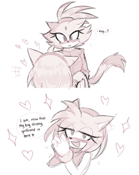 Size: 1633x2048 | Tagged: safe, artist:minxinq, amy rose, blaze the cat, 2024, amy x blaze, blushing, dialogue, duo, english text, greyscale, hands together, heart, lesbian, lidded eyes, monochrome, shipping, simple background, sparkles, standing, white background