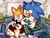 Size: 2048x1556 | Tagged: safe, artist:astrxchoi, miles "tails" prower, sonic the hedgehog, 2024, abstract background, christmas, clothes, duo, gaming, holding something, indoors, legs crossed, mouth open, open smile, pants, pijamas, shirt, sitting, smile, sofa, video game console