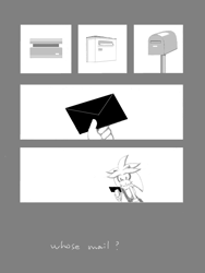 Size: 480x640 | Tagged: safe, artist:34_6, silver the hedgehog, 2008, comic, english text, greyscale, holding something, letter, mailbox, monochrome, solo