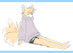 Size: 800x580 | Tagged: safe, artist:imqueerdeer, miles "tails" prower, 2017, barefoot, border, clothes, eyes closed, hoodie, shorts, simple background, sitting, solo, white background