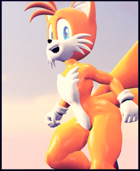 Size: 885x1080 | Tagged: safe, artist:kabalmystic, miles "tails" prower, 2016, 3d, border, clenched fists, gradient background, looking at viewer, mouth open, smile, solo