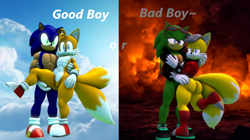 Size: 714x400 | Tagged: safe, artist:initialdriftbro, miles "tails" prower, miles (anti-mobius), scourge the hedgehog, sonic the hedgehog, 2024, 3d, abstract background, duo, english text, gay, holding each other, holding them, leg up, lidded eyes, looking at viewer, scouriles, shipping, smile, sonic x tails, standing, two sides