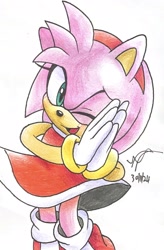 Size: 1941x2951 | Tagged: safe, artist:gruffdasmuff, amy rose, 2024, hands together, looking at viewer, mouth open, signature, simple background, smile, solo, standing, white background, wink