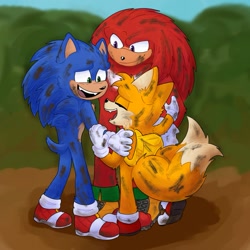 Size: 1341x1341 | Tagged: safe, artist:s0dapr1nce, knuckles the echidna, miles "tails" prower, sonic the hedgehog, sonic the hedgehog 3 (film), 2024, abstract background, backpack, dirty, outdoors, smile, stain, standing, team sonic, trio