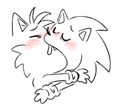 Size: 566x505 | Tagged: safe, artist:la_gata_golosa_, miles "tails" prower, sonic the hedgehog, 2024, blushing, cute, duo, eyes closed, gay, holding each other, kiss, line art, meme, monochrome, saliva, shipping, simple background, sloppy kissing, sonic x tails, white background