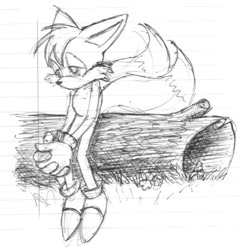 Size: 419x437 | Tagged: safe, artist:lemurcat, miles "tails" prower, 2003, hands together, lidded eyes, line art, log, monochrome, pencilwork, sad, sitting, sketch, solo, traditional media