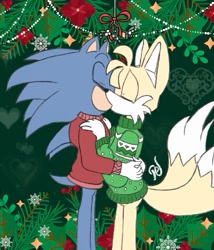 Size: 357x417 | Tagged: safe, artist:regnumnihilae, miles "tails" prower, sonic the hedgehog, 2024, abstract background, christmas sweater, duo, eyes closed, flat colors, gay, holding each other, kiss, mistletoe, shipping, sonic x tails, sparkles, standing, sweater