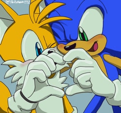 Size: 960x900 | Tagged: safe, artist:tailsfann1992, miles "tails" prower, sonic the hedgehog, 2024, arm around shoulders, blushing, cute, duo, gay, grey background, heart hands, shipping, signature, simple background, smile, sonic x tails, standing, wink