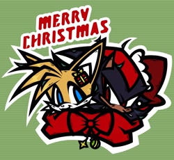 Size: 2048x1882 | Tagged: safe, artist:pinklapony_, miles "tails" prower, shadow the hedgehog, 2024, abstract background, bow, christmas, duo, english text, gay, headshot, looking at them, looking at viewer, outline, scarf, shadails, sharing a scarf, shipping, smile