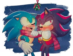 Size: 2048x1554 | Tagged: safe, artist:ciaoodee, shadow the hedgehog, sonic the hedgehog, 2024, abstract background, blushing, christmas, duo, gay, imminent kissing, mistletoe, scarf, shadow x sonic, sharing a scarf, shipping, snow, snowing, standing, wagging tail