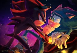 Size: 2048x1411 | Tagged: safe, artist:gunstellations, shadow the hedgehog, sonic the hedgehog, sonic the hedgehog 3 (film), 2024, abstract background, clenched teeth, duo, frown, gay, looking at each other, pinning them, shadow x sonic, shipping, signature