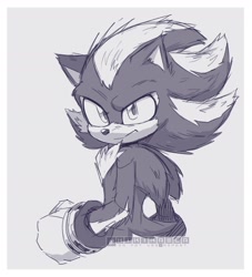 Size: 1392x1532 | Tagged: safe, artist:kikikaela, shadow the hedgehog, sonic the hedgehog 3 (film), border, clenched fist, frown, grey background, looking at viewer, monochrome, simple background, sketch, solo