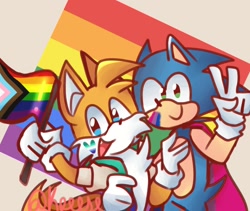 Size: 1900x1600 | Tagged: safe, artist:kreese_krease, miles "tails" prower, sonic the hedgehog, 2022, abstract background, bisexual, bisexual pride, cape, cute, duo, face paint, flag, gay, headcanon, holding something, jacket, looking at viewer, mlm pride, one fang, pride, pride flag, progress pride, sexuality headcanon, shipping, signature, smile, sonic x tails, standing, v sign