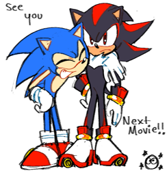 Size: 605x619 | Tagged: safe, artist:loopd33loop, shadow the hedgehog, sonic the hedgehog, sonic the hedgehog 3 (film), 2024, arm around shoulders, dialogue, duo, english text, frown, simple background, smile, standing, white background