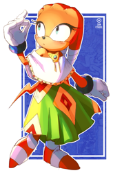 Size: 1341x2048 | Tagged: safe, artist:sun-citadel, tikal, :o, abstract background, blushing, looking offscreen, mouth open, poncho, redesign, skirt, solo, standing on one leg