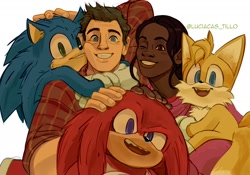 Size: 1860x1300 | Tagged: safe, artist:luciacas_tillo, knuckles the echidna, maddie wachowski, miles "tails" prower, sonic the hedgehog, tom wachowski, group