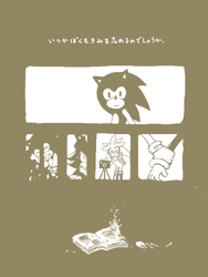 Size: 480x640 | Tagged: safe, artist:34_6, shadow the hedgehog, silver the hedgehog, sonic the hedgehog, book, camera, comic, frown, holding another's arm, japanese text, monochrome, smile, standing, trio, v sign