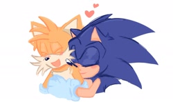 Size: 2048x1213 | Tagged: safe, artist:buttersss__, miles "tails" prower, sonic the hedgehog, 2024, cute, duo, ear fluff, eyes closed, gay, heart, hugging, hugging from behind, mouth open, shipping, simple background, smile, sonic x tails, white background