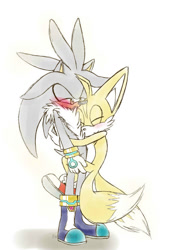 Size: 500x741 | Tagged: safe, artist:hedgieous, miles "tails" prower, silver the hedgehog, blushing, cute, duo, eyes closed, gay, lidded eyes, looking at them, shadow (lighting), shipping, signature, silvails, simple background, smile, standing, tailabetes, white background