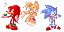 Size: 1280x652 | Tagged: safe, artist:magimacaque, knuckles the echidna, miles "tails" prower, sonic the hedgehog, chaos emerald, holding something, question mark, simple background, standing, team sonic, transparent background, trio