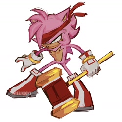 Size: 1840x1847 | Tagged: safe, artist:ejpony, amy rose, chest fluff, frown, gender swap, holding something, looking offscreen, piko piko hammer, signature, simple background, solo, standing, white background