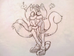 Size: 640x480 | Tagged: safe, artist:viviyan-kpopgirl, miles "tails" prower, ray the flying squirrel, 2014, cute, duo, exclamation mark, eyes closed, gay, heart, kiss, line art, pencilwork, ray x tails, rayails, shipping, standing, surprise kiss, surprised, tailray, traditional media