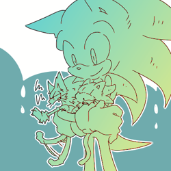 Size: 400x400 | Tagged: safe, artist:34_6, sonic the hedgehog, cat, angry, carrying them, cute, limited palette, literal animal, looking at them, self paradox, smile, species swap, trio