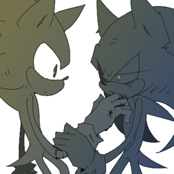 Size: 400x400 | Tagged: safe, artist:34_6, sonic the hedgehog, super sonic, dark form, dark sonic, duo, limited palette, looking at each other, self paradox, simple background, super form, white background