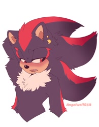 Size: 1055x1355 | Tagged: safe, artist:angellobo534, shadow the hedgehog, arm fluff, chest fluff, cute, ear piercing, fluffy, lidded eyes, looking offscreen, mouth open, neck fluff, one fang, quill fluff, shadowbetes, signature, simple background, solo, standing, white background