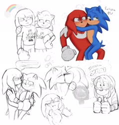 Size: 1954x2048 | Tagged: safe, artist:soupyapplesauce, knuckles the echidna, sonic the hedgehog, oc, sonic the hedgehog 3 (film), 2024, blushing, duo focus, english text, frown, gay, holding them, i'm with stupid, kiss, knuxonic, line art, rainbow, shipping, shirt, simple background, smile, speech bubble, sweatdrop, trio, white background, words on a shirt