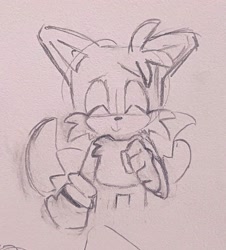 Size: 1851x2048 | Tagged: safe, artist:dizzyemo, miles "tails" prower, 2024, clenched fists, cute, eyes closed, line art, pencilwork, sketch, smile, solo, standing, tailabetes, traditional media