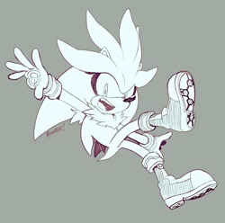 Size: 803x798 | Tagged: safe, artist:scourgefrontier, silver the hedgehog, 2024, grey background, looking at viewer, mid-air, monochrome, mouth open, signature, simple background, smile, solo