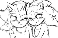 Size: 860x560 | Tagged: safe, artist:gareki, shadow the hedgehog, sonic the hedgehog, sonic the hedgehog 3 (film), 2024, cute, duo, frown, gay, hugging, line art, looking at each other, monochrome, one eye closed, shadow x sonic, shadowbetes, shipping, shy, simple background, sketch, smile, sonabetes, white background