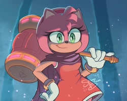 Size: 2048x1632 | Tagged: safe, artist:strange_bloom, amy rose, sonic the hedgehog 3 (film), abstract background, hand on hip, holding something, looking at viewer, movie style, piko piko hammer, signature, smile, solo, standing