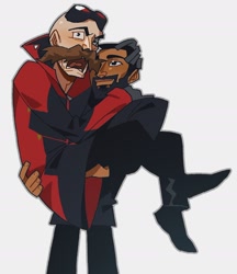 Size: 1318x1525 | Tagged: safe, artist:zepn1_, agent stone, robotnik, human, sonic the hedgehog 3 (film), 2024, carrying them, duo, gay, holding each other, looking at them, looking offscreen, mouth open, robotnik x stone, shipping, smile, standing, sweatdrop