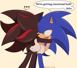 Size: 1869x1652 | Tagged: safe, artist:clery_trixy, shadow the hedgehog, sonic the hedgehog, ..., 2024, blushing, cream background, cute, dialogue, duo, english text, gay, hugging, looking at them, shadow x sonic, shipping, signature, simple background, smile, standing, wink