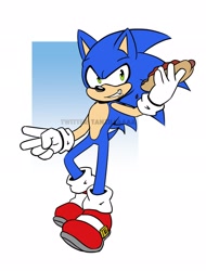 Size: 1554x2048 | Tagged: safe, artist:tanzillaaaa, sonic the hedgehog, 2022, abstract background, chili dog, flat colors, food, holding something, looking offscreen, mid-air, signature, smile, solo, v sign